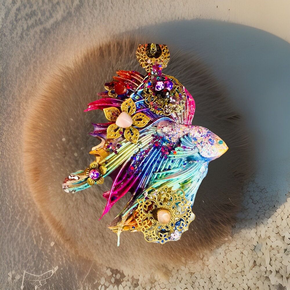 Ornate Colorful Betta Fish Genuine Gemstones Wall Art Artisan Made 7x7"